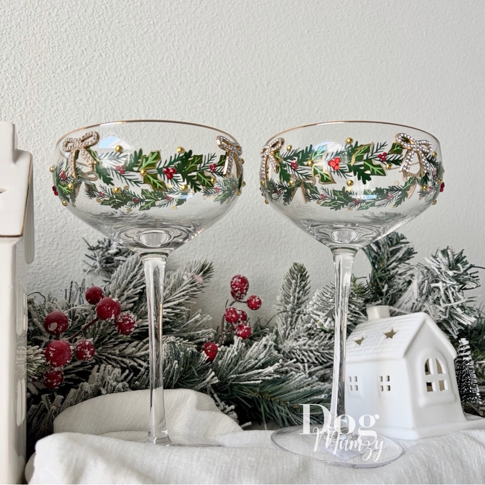 2 Gold Rimmed Rhinestone Wreath Martini Wine Glass with Bow